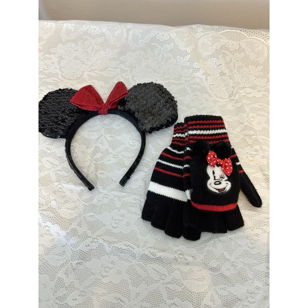 Disney Minnie Mouse Sequin Ears Headband & Striped Knit Gloves Accessory Set